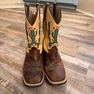 Cowboy Legend Kids Western Boots Youth Size 5 Brown Cactus Embroidered